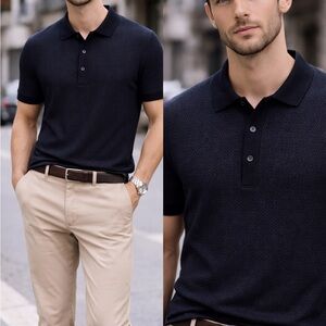 Perry Ellis Men's Navy Textured Polo Shirt - Classic Short Sleeve